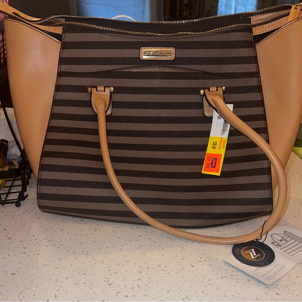 Stylish Striped Tote Bag - Brown and Tan